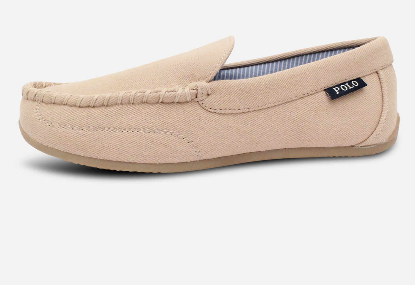Ralph Lauren Designer Mens Beige Slippers Navy Polo