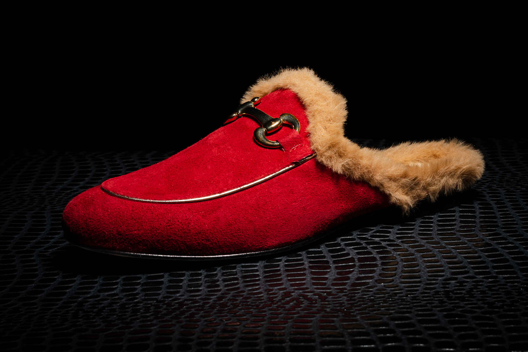 Exclusive Velvet Fur Backless Loafers in Red Leather