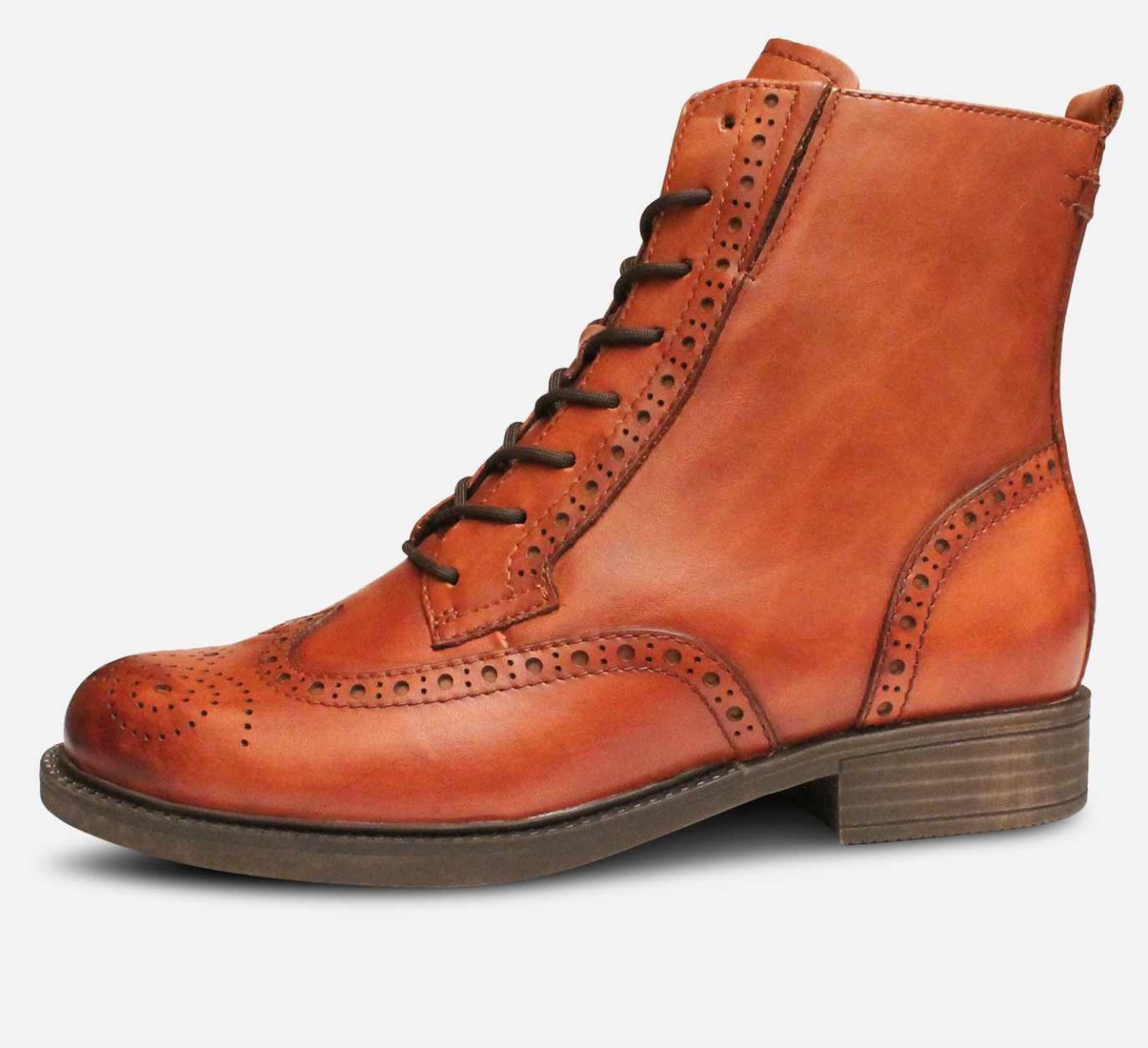 Tamaris Full Brogue Zip Boots in Brown with Rubber Sole
