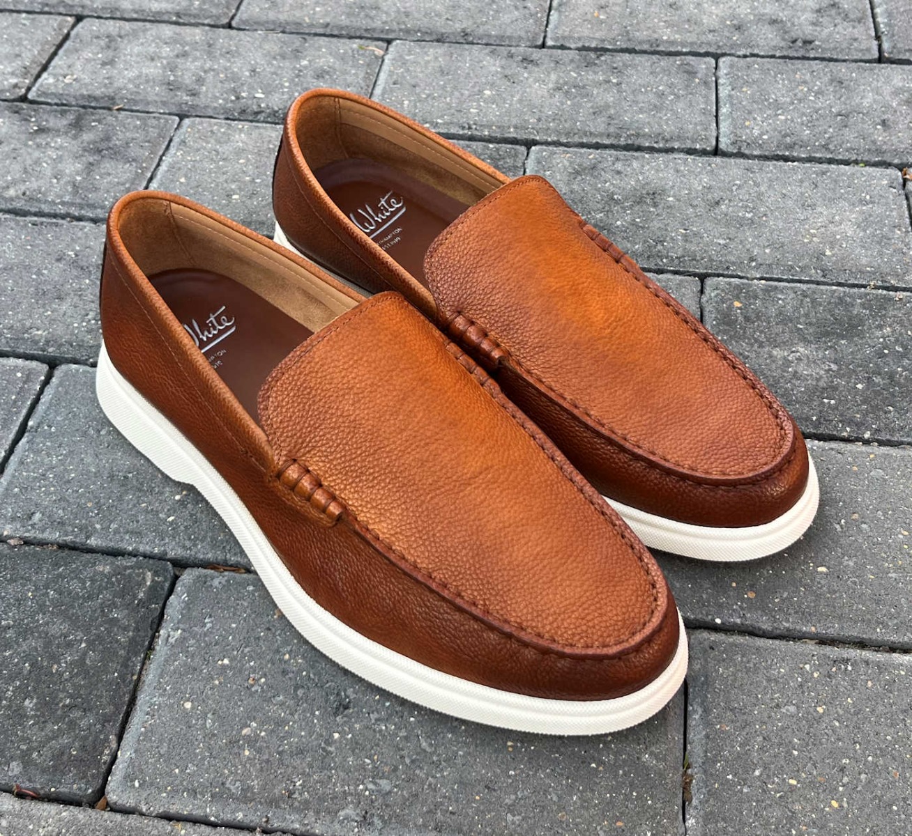 John White Antique Tan Leather White Rubber Sole Loafers