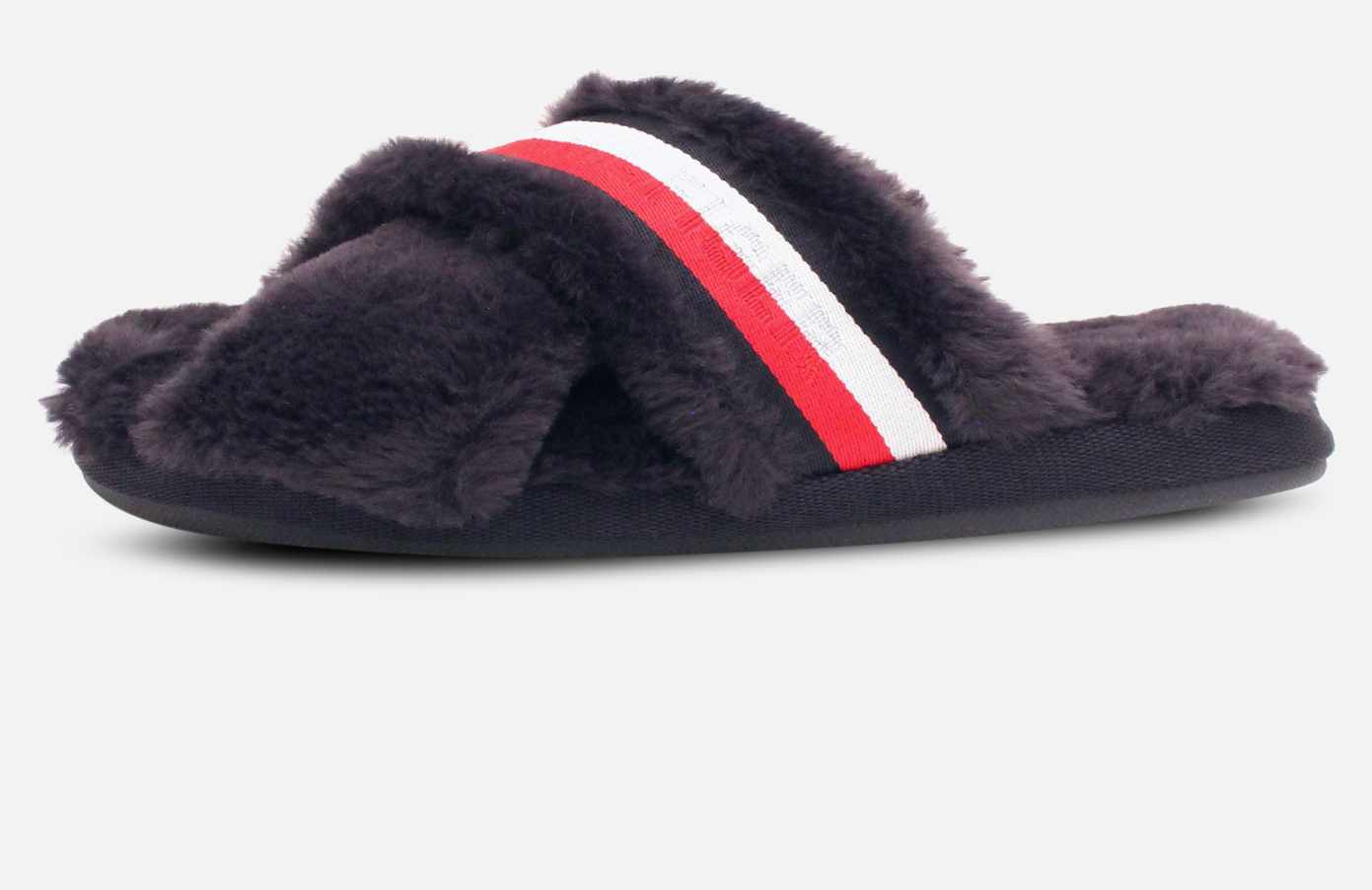 Tommy Hilfiger Womens Designer Furry Navy Blue Slippers
