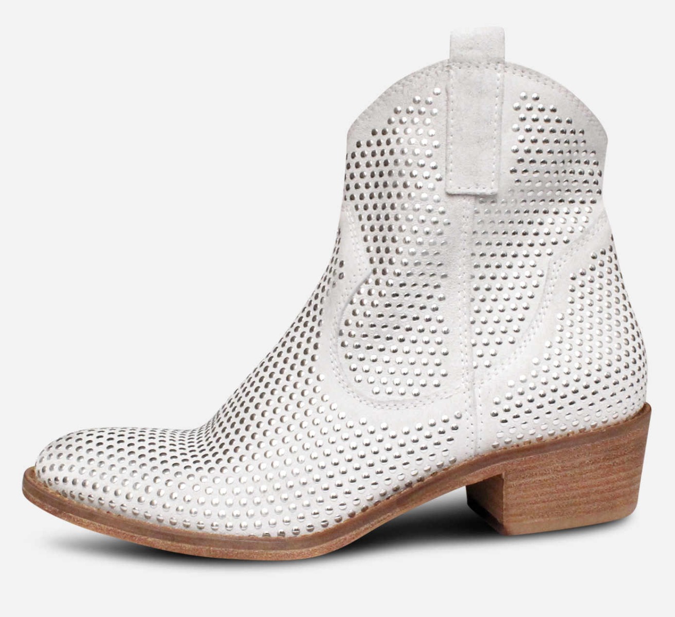 Designer White Suede Silver Studded Italian Cuban Heel Boot