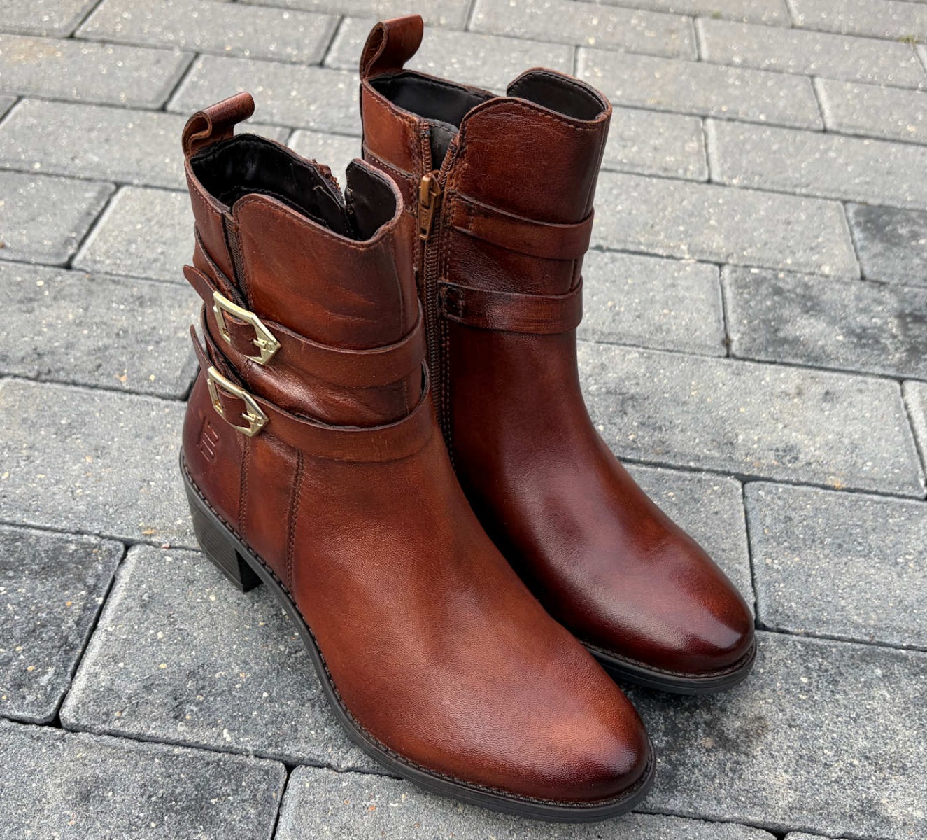 Antique Brown Leather Double Buckle Bagatt Ankle Zip Boot