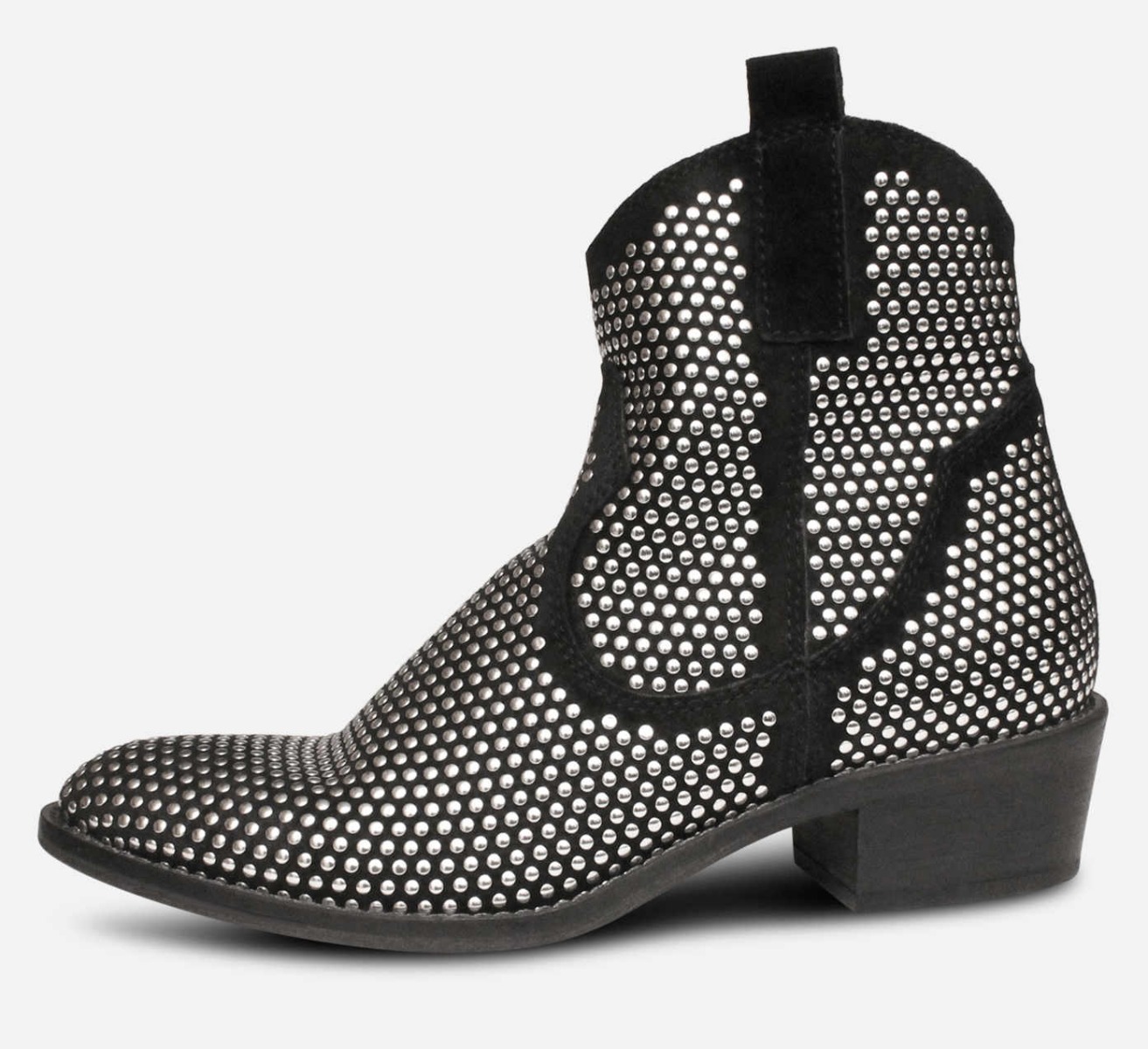 Italian Black Suede Cuban Heel Ankle Zip Boot with Silver Studs