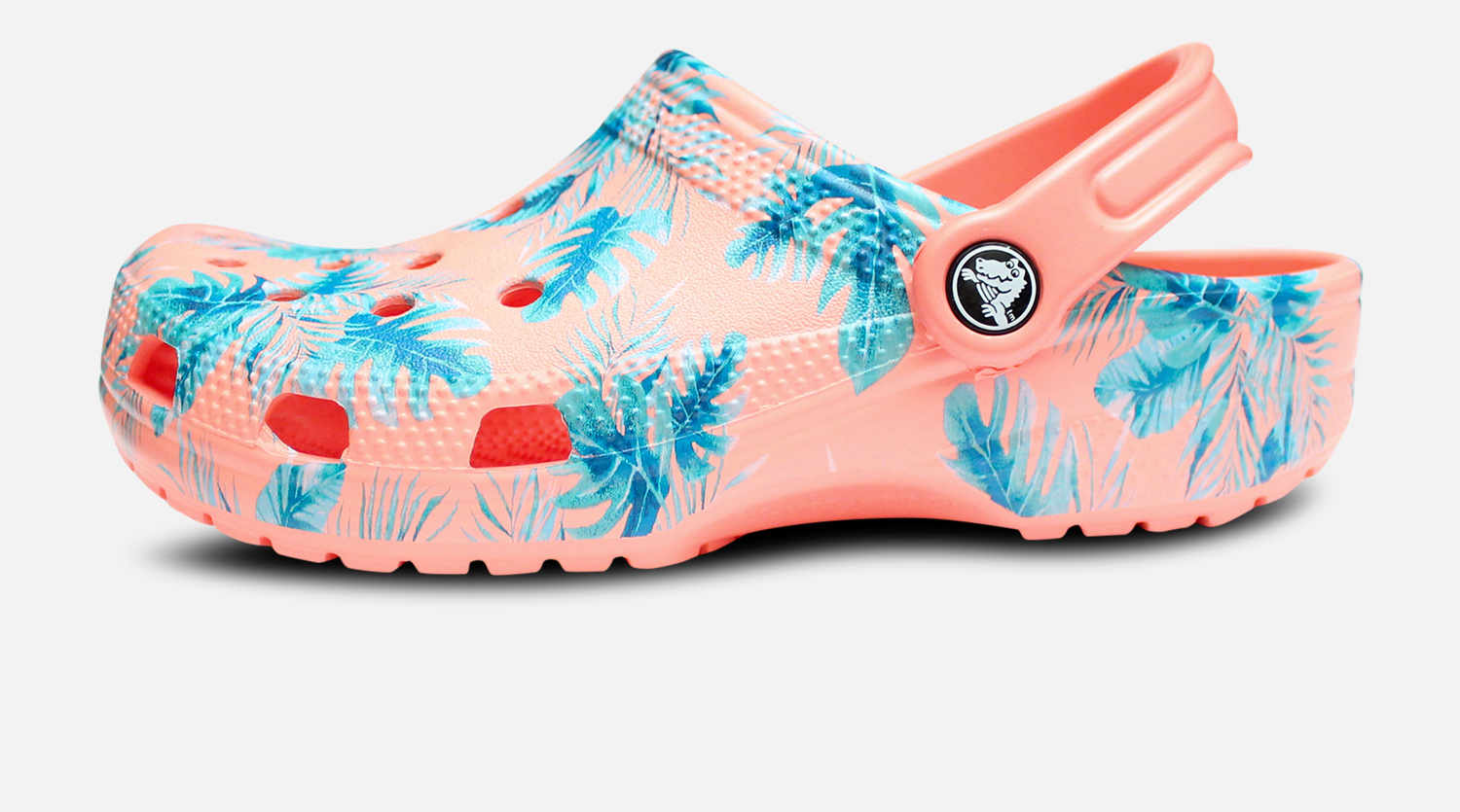 pink crocs with palm trees