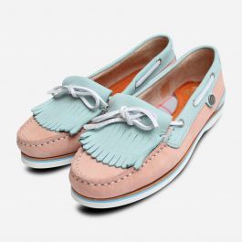 Womens Pink \u0026 Light Blue Fringe Boat Shoes