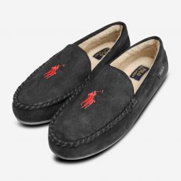 Ralph Lauren Black Men's Slippers with Grey Polo Logo