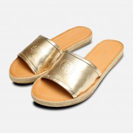 vinder Forvirrede industrialisere Metallic Gold Leather Tommy Hilfiger Flat Mule Sandal