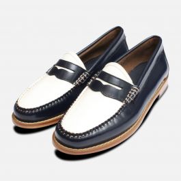 Navy Blue & White Leather Ladies Bass Shoe Loafers