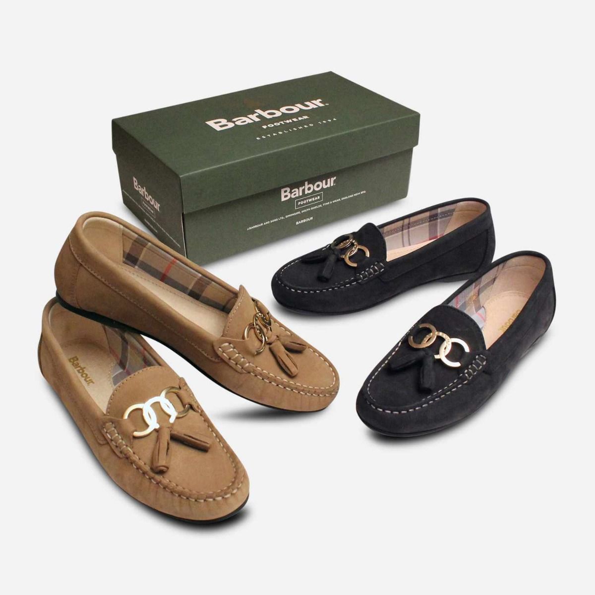 Barbour Taupe Nubuck Tassel Loafers with Gold Trim