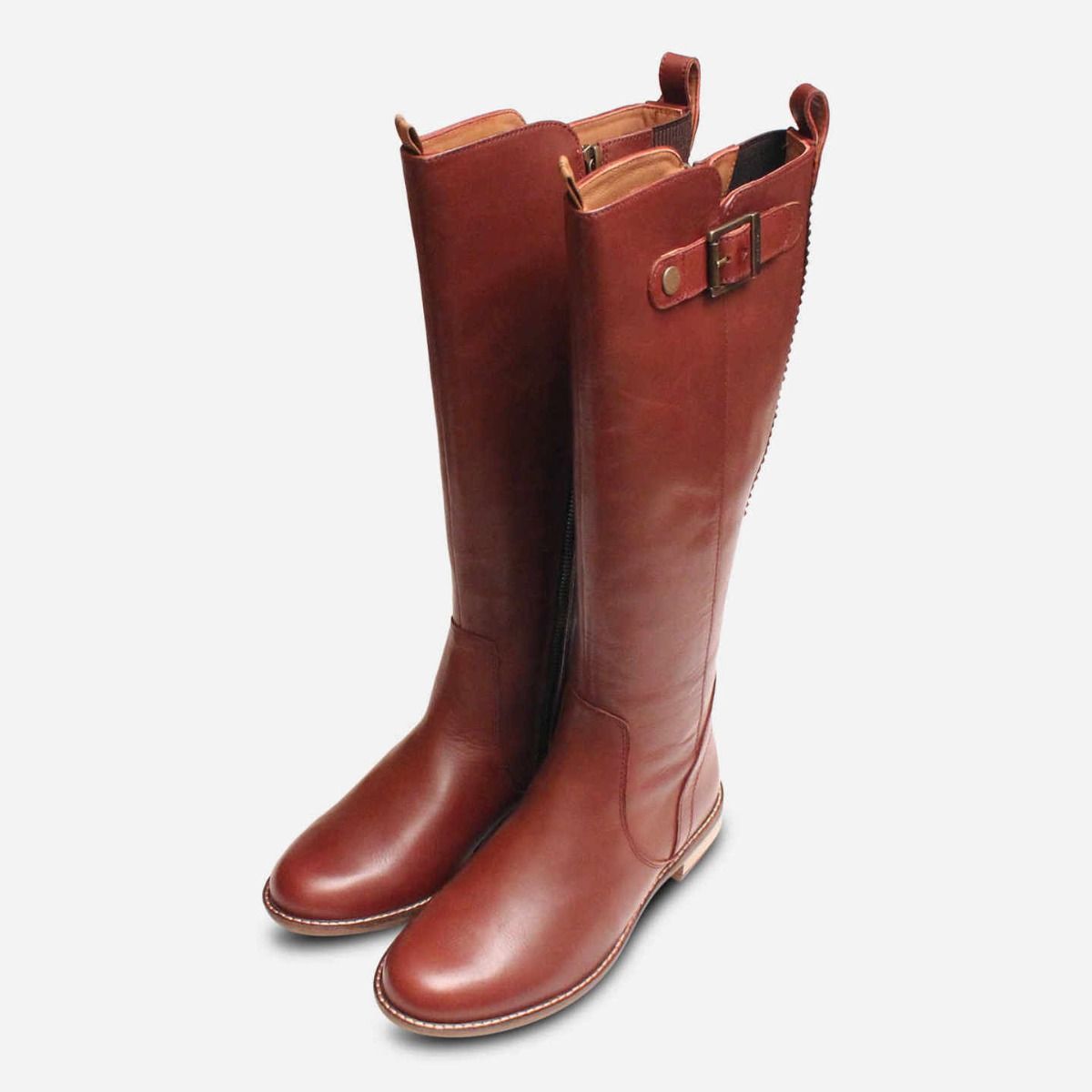 Barbour Knee High Boots in Bordeaux Leather with Rubber Sole