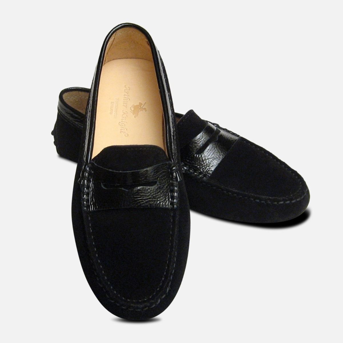 Black Suede & Crinkle Patent Arthur Knight Ladies Italian Driving Shoes 