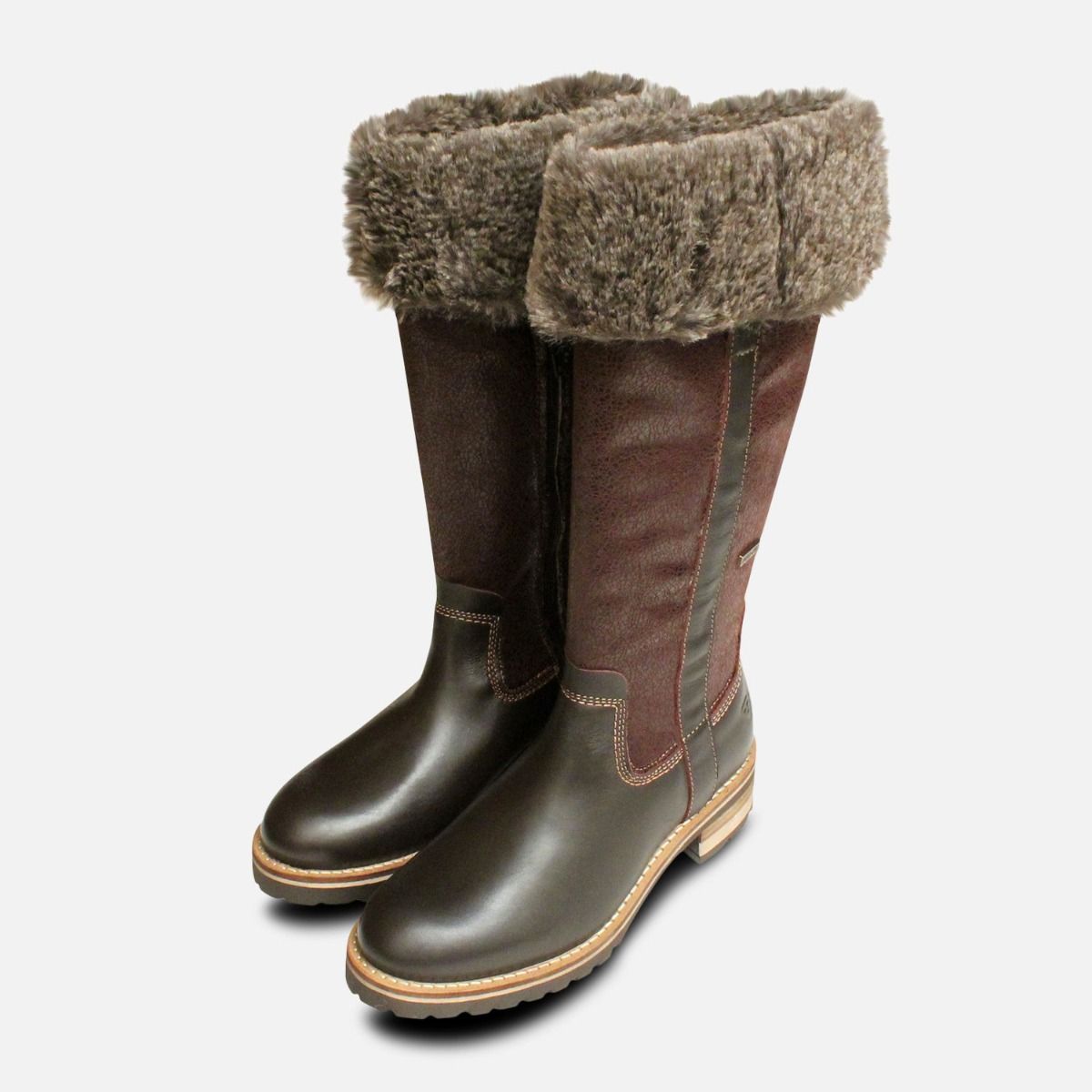 Warm Fur Lined Tamaris Long Boots in Brown Duo Tex