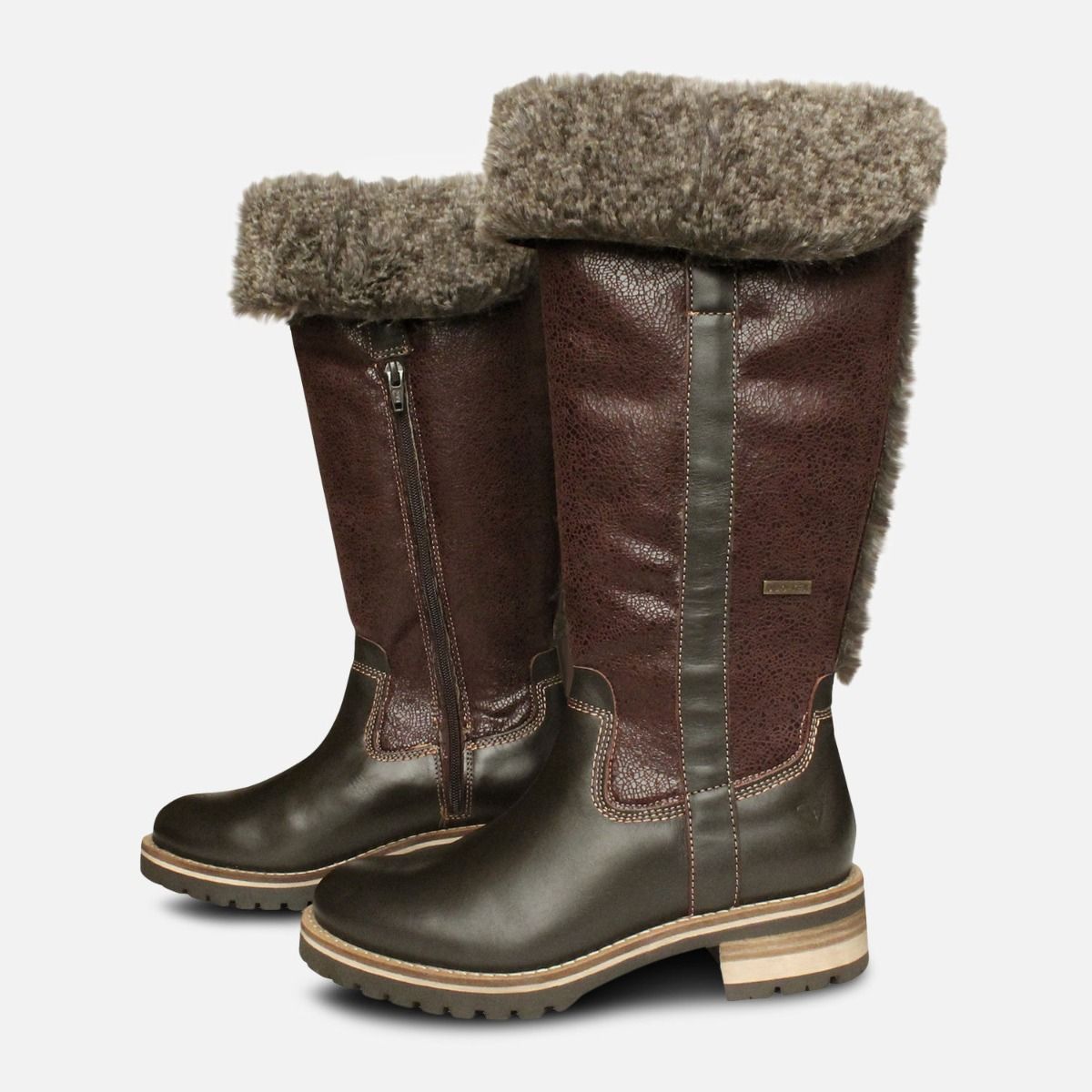 Merg dier Belastingbetaler Warm Fur Lined Tamaris Long Boots in Brown Duo Tex