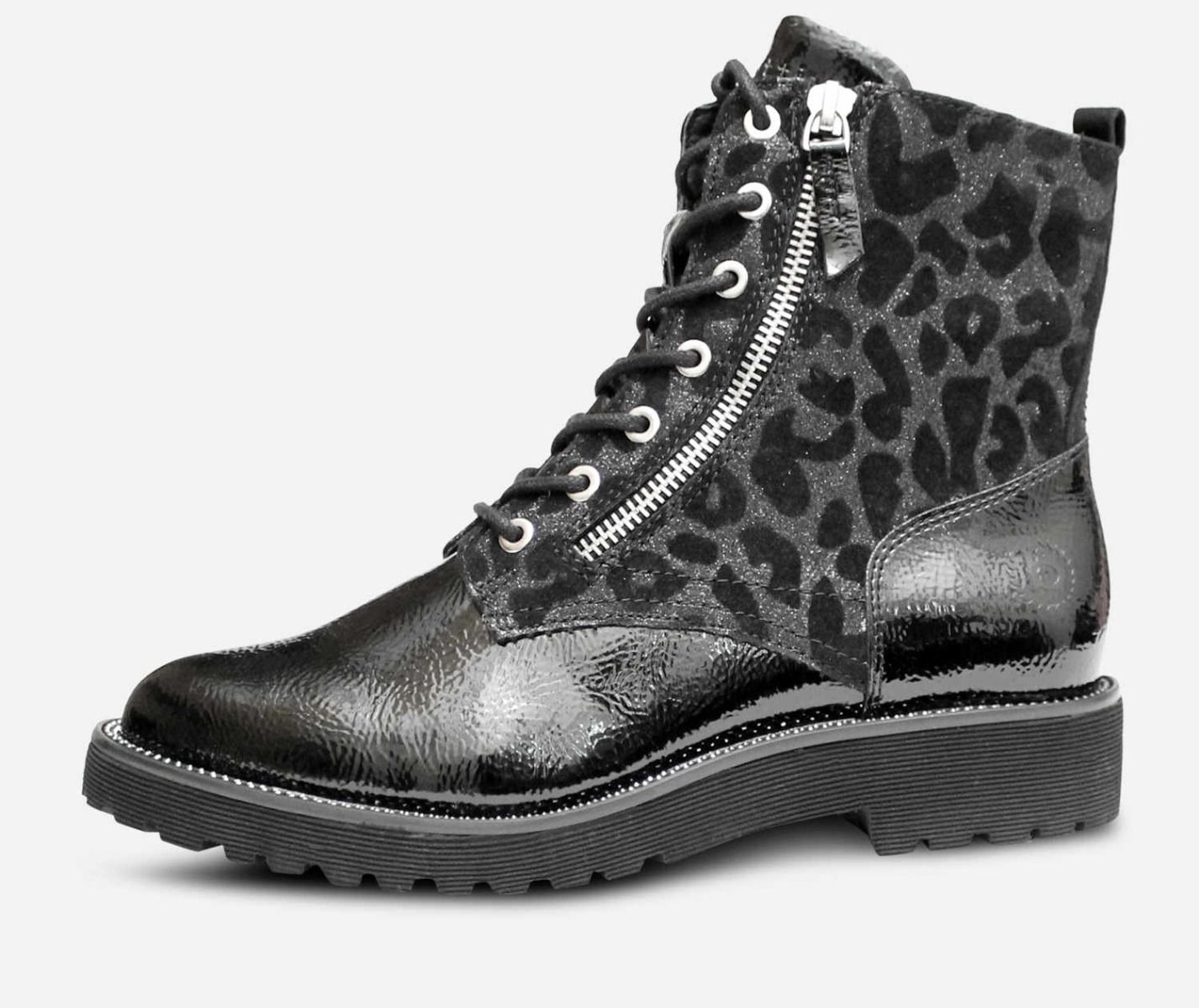 Bugatti Black Patent & Leopard Printed Womens Zip Boots