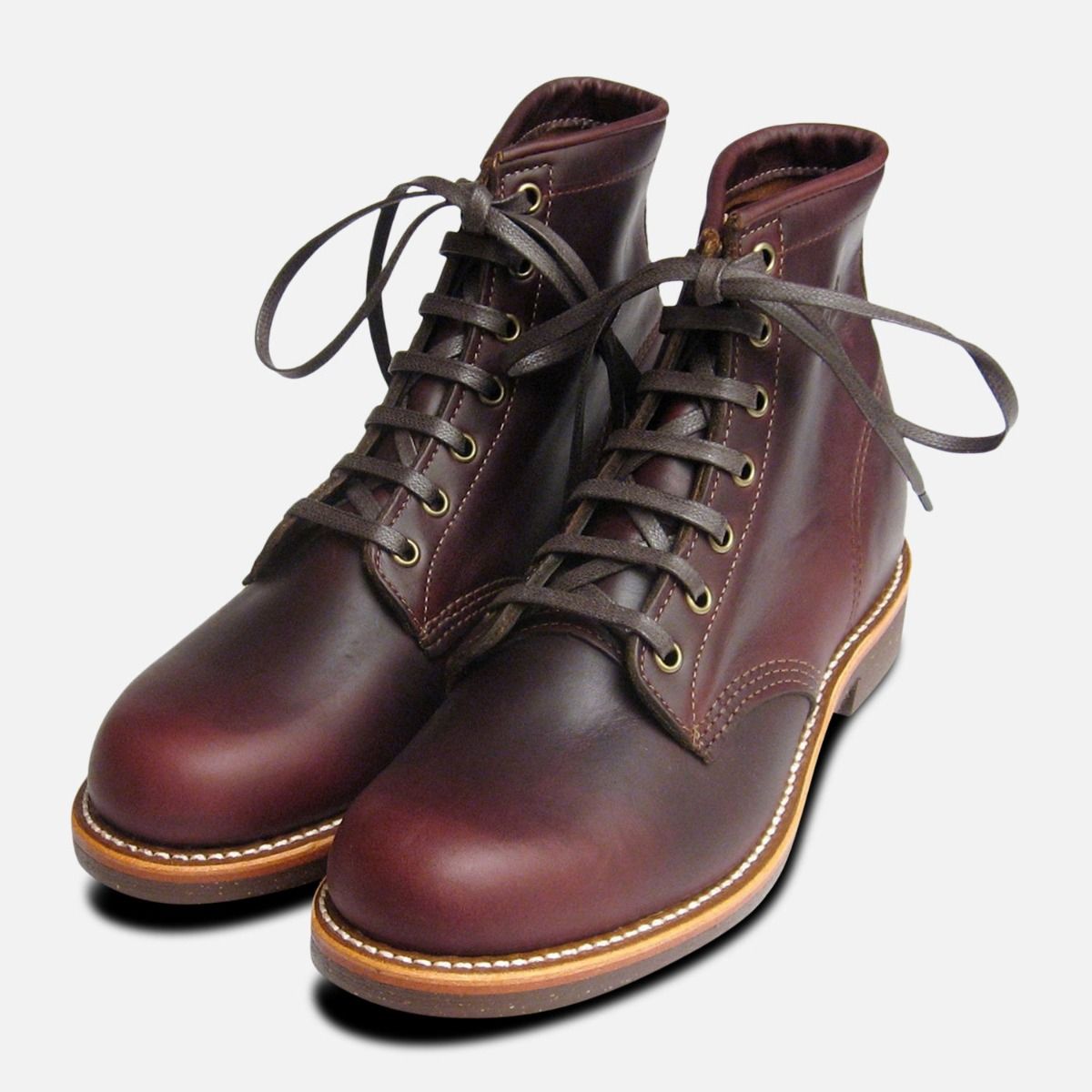 Chippewa Cordovan Leather Burgundy Lace Up Boots Vibram Sole