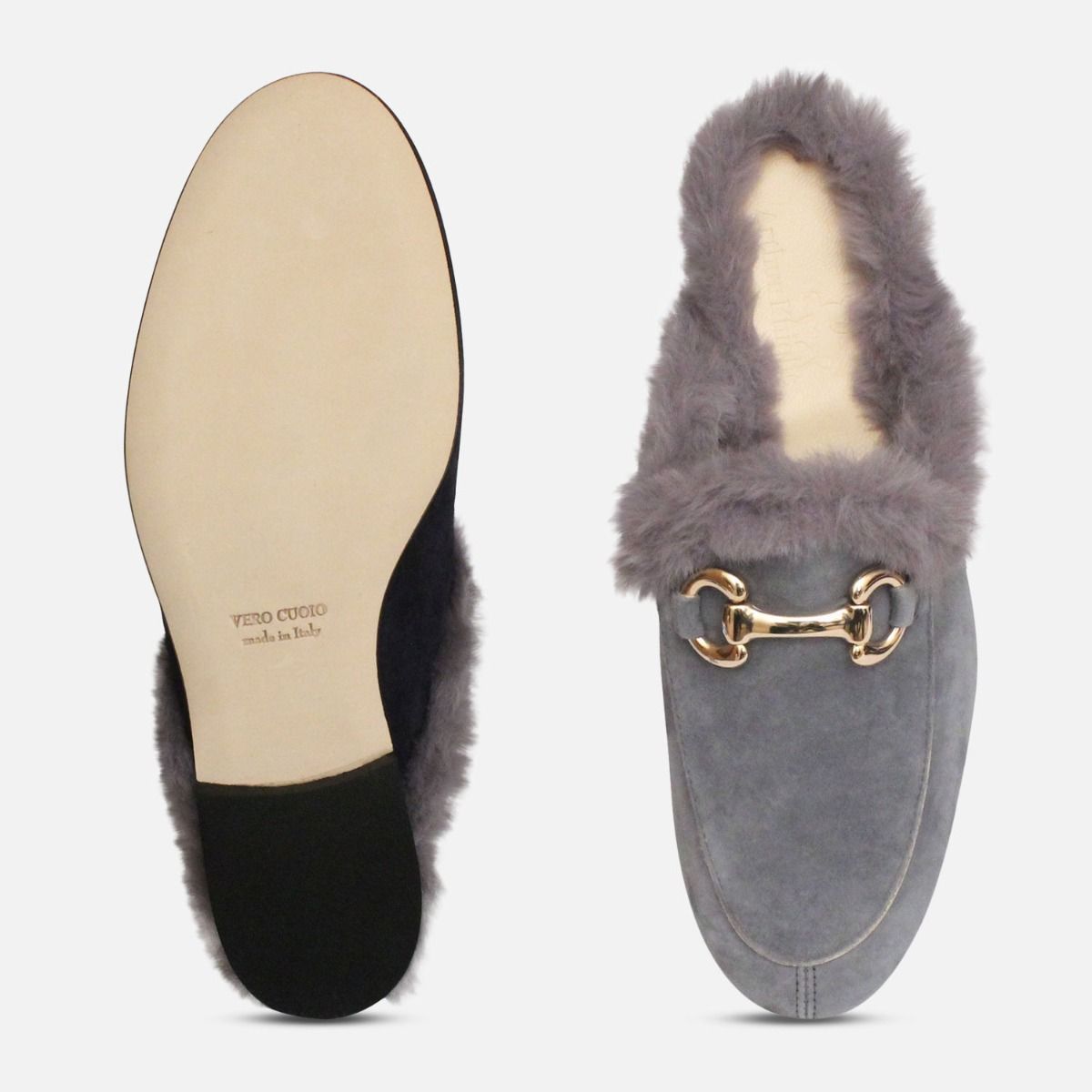 Grey Velvety Fur Slides By Arthur Knight Shoes