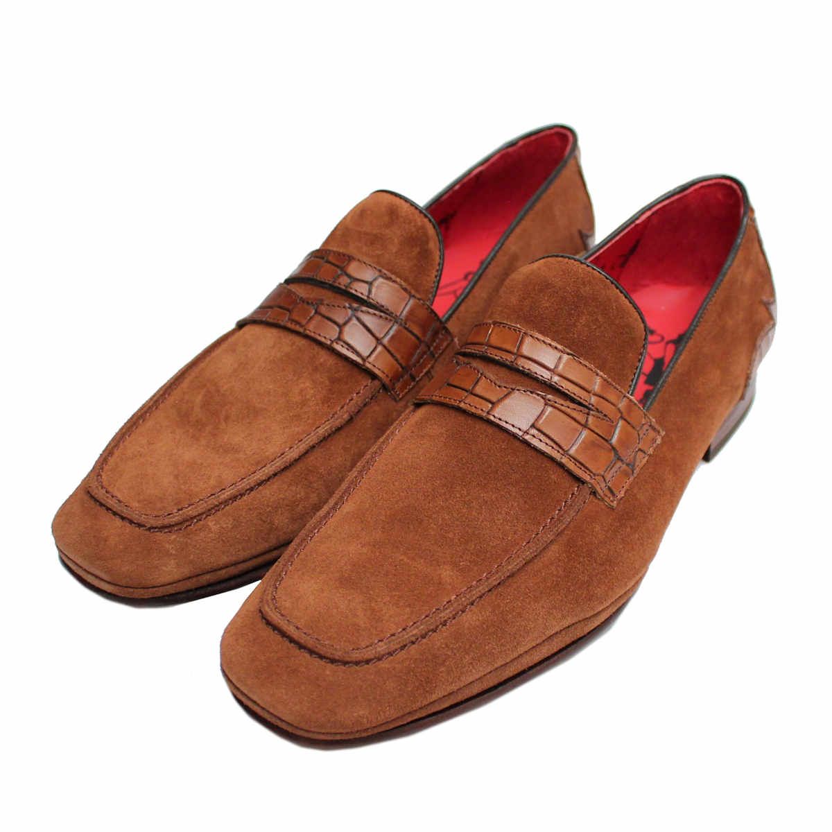 Jeffery West Brown Suede Crocodile Designer Loafers