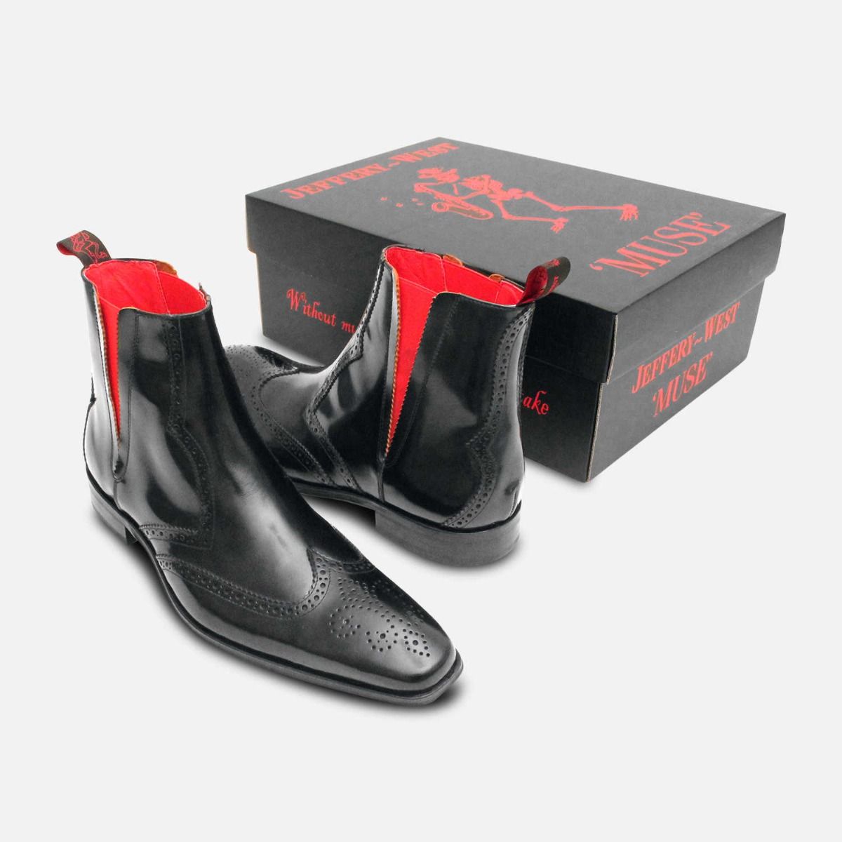 Jeffery West Black Polished Red Elastic Wingtip Chelsea Brogue