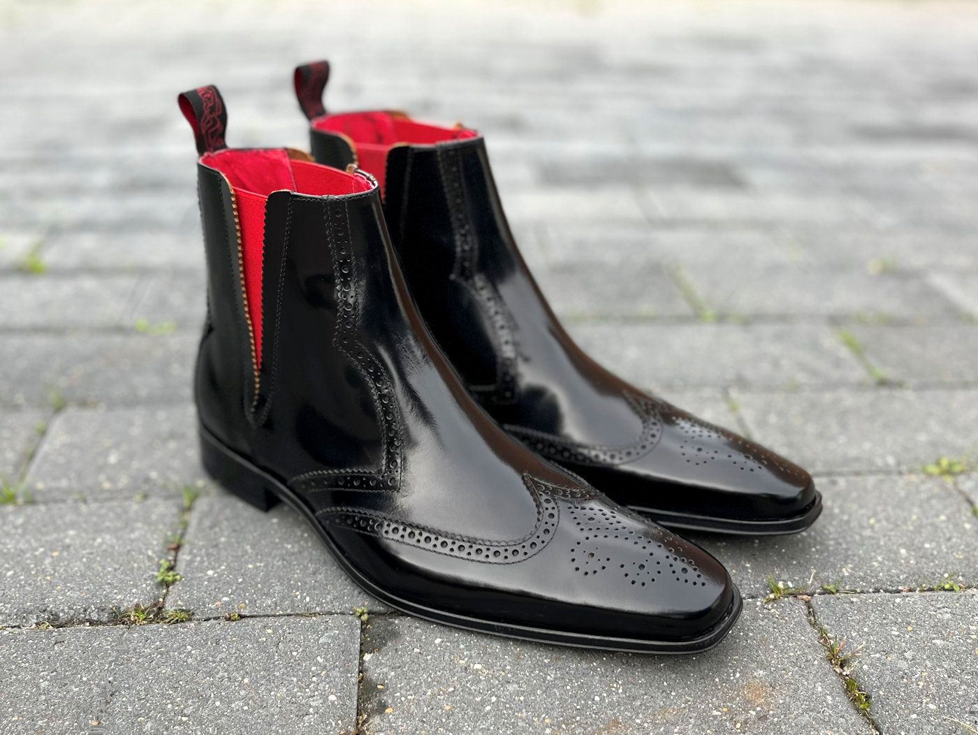 Jeffery West Black Polished Red Elastic Wingtip Chelsea Brogue