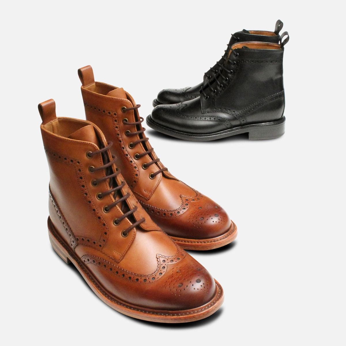 Prestige Country Brogue Mens Leather Boots Lace Up Rubber Sole Goodyear Welted 