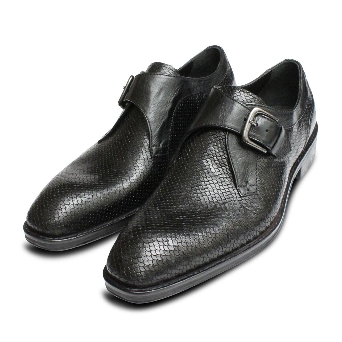 Black Snakeskin Effect Buckle Monk Shoes