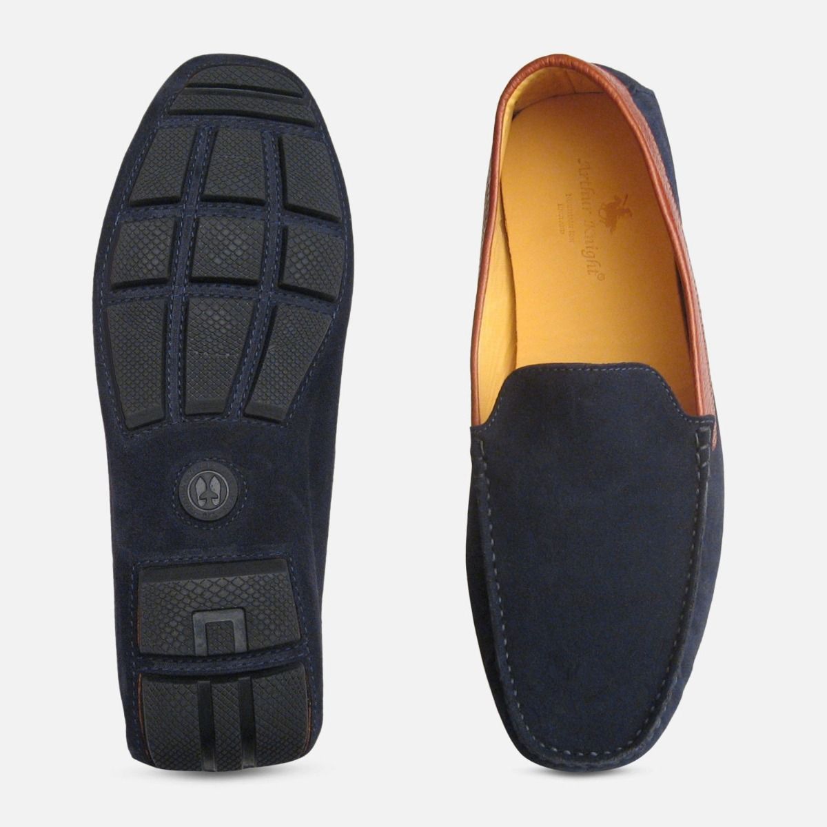 Navy Blue Mens Moccasins with Brown Collar