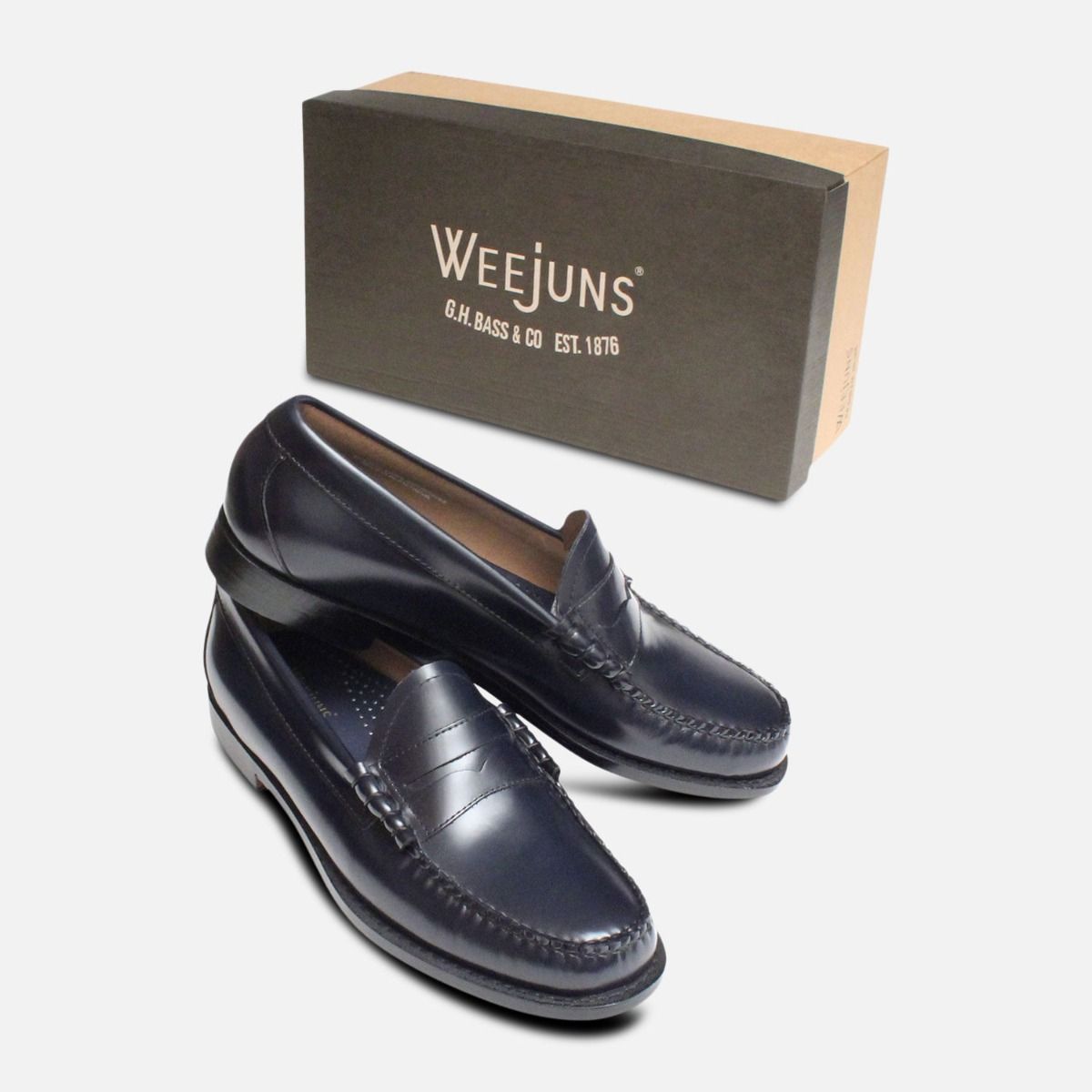 Larson Bass Penny Loafers in Navy Blue Leather