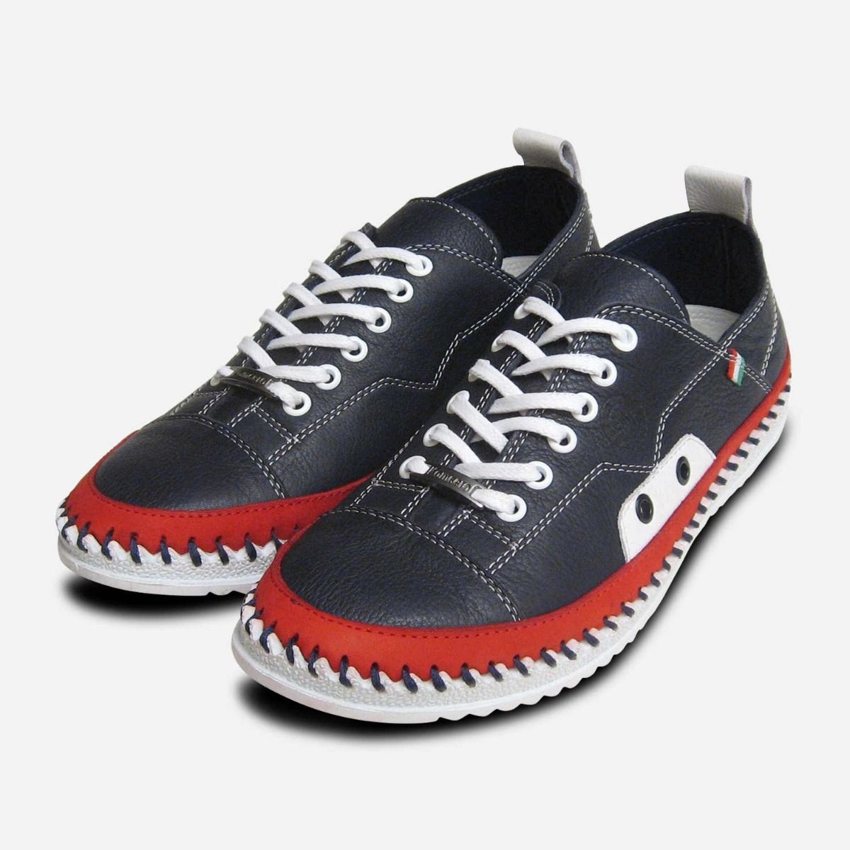 Navy Blue & Red Lace Up Whipstitch Sneakers