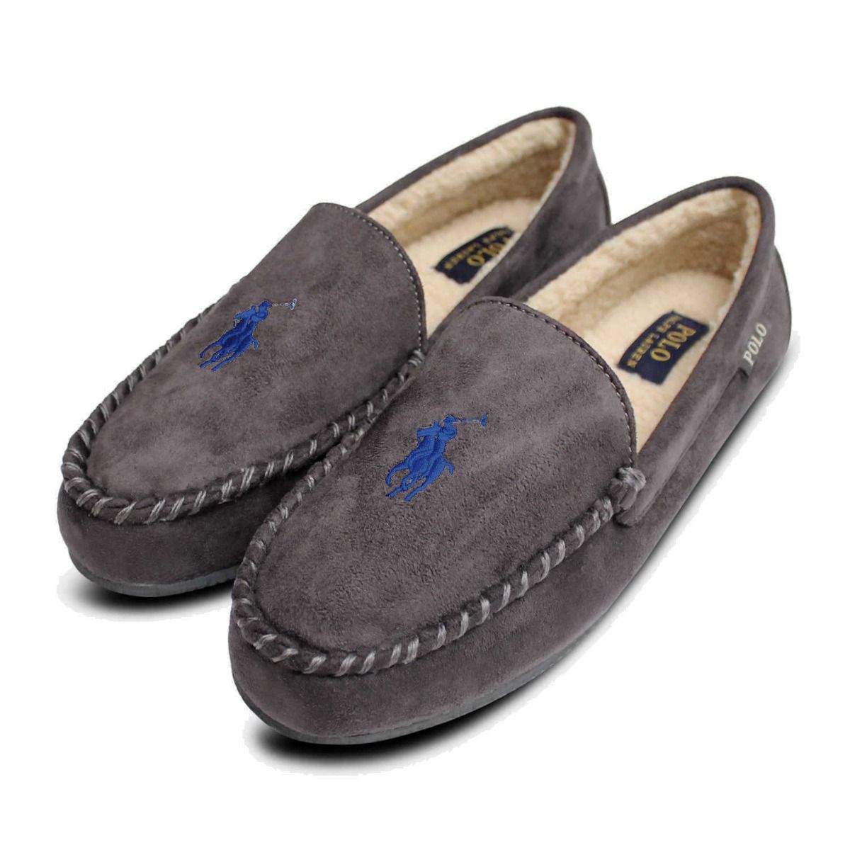 Ralph Lauren Polo Mens Slippers in Grey with Warm Fur Lining