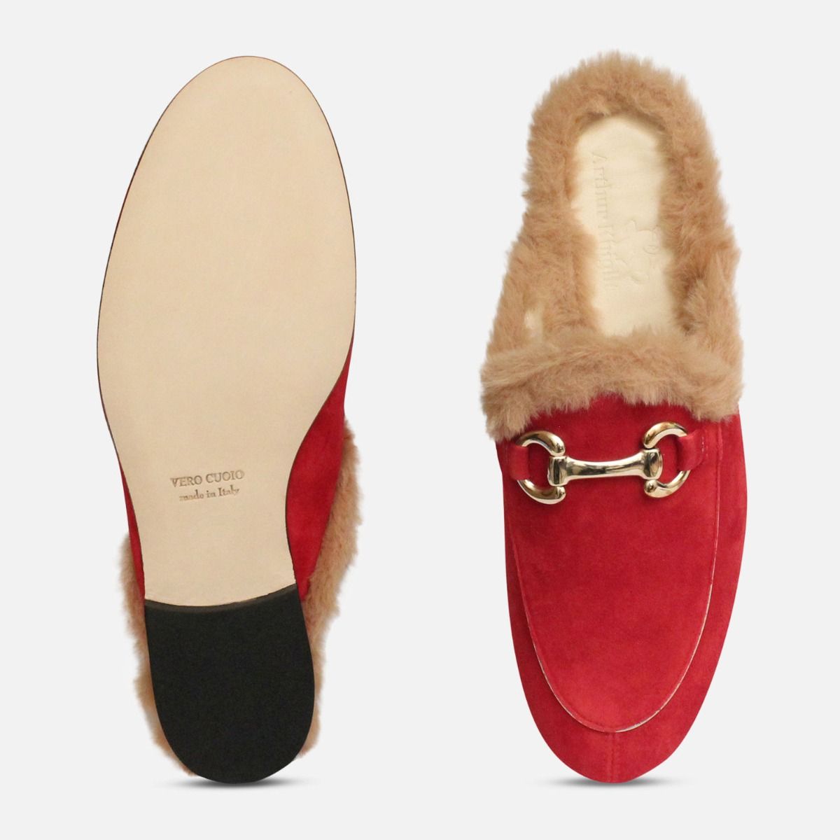 Exclusive Velvet Fur Backless Loafers in Red Leather
