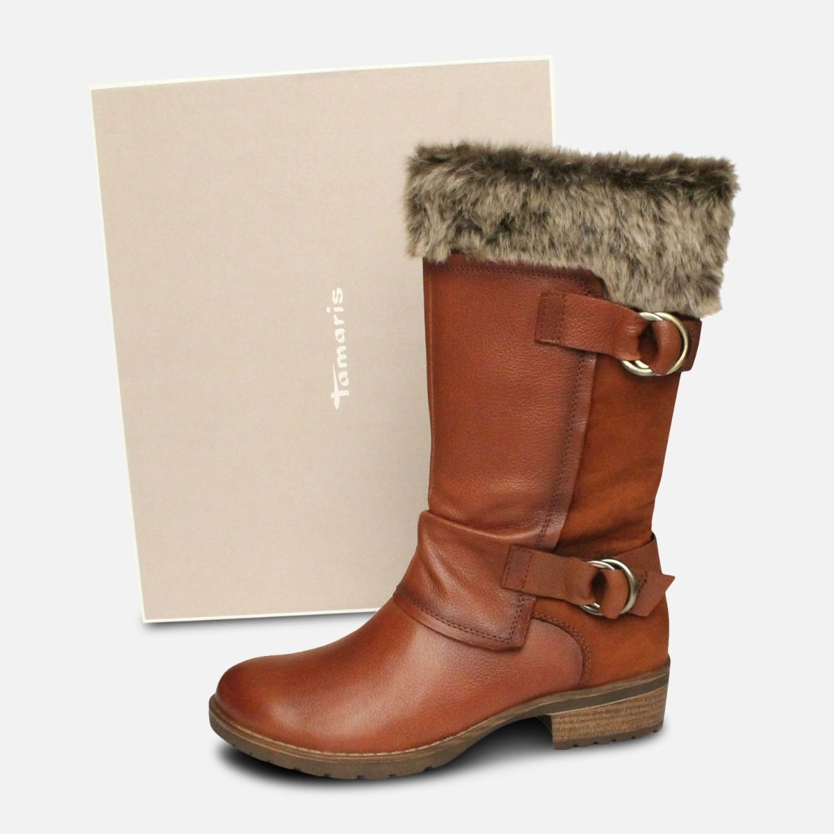 Cognac Brown Womens Side Zip Tamaris Fur Boots