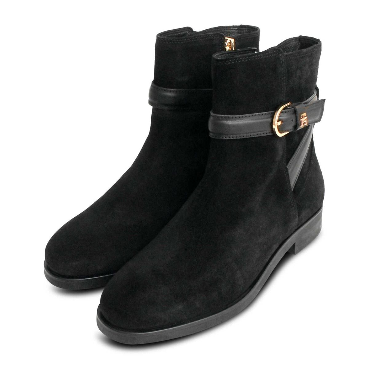 Tommy Hilfiger Black Suede Buckle Strap Ankle Boots