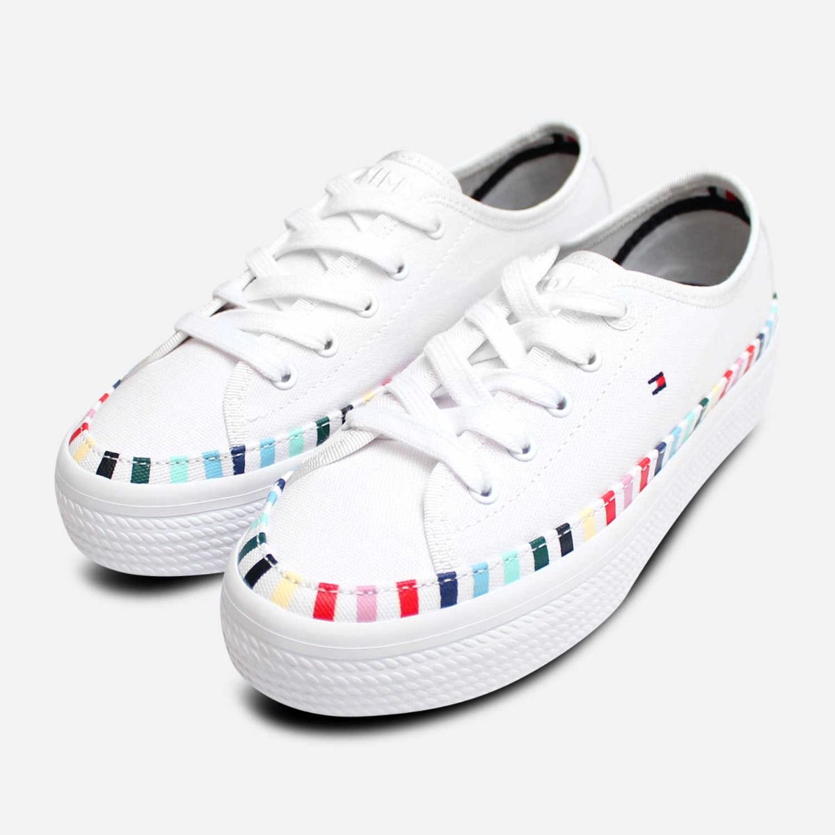 Tommy Hilfiger Flatform Womens White Cotton Trainers Ladies Sport Casual Shoes 