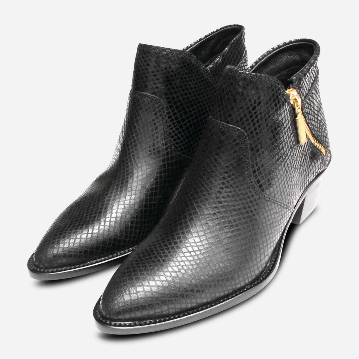 Black Snakeskin Heeled Zip Boots