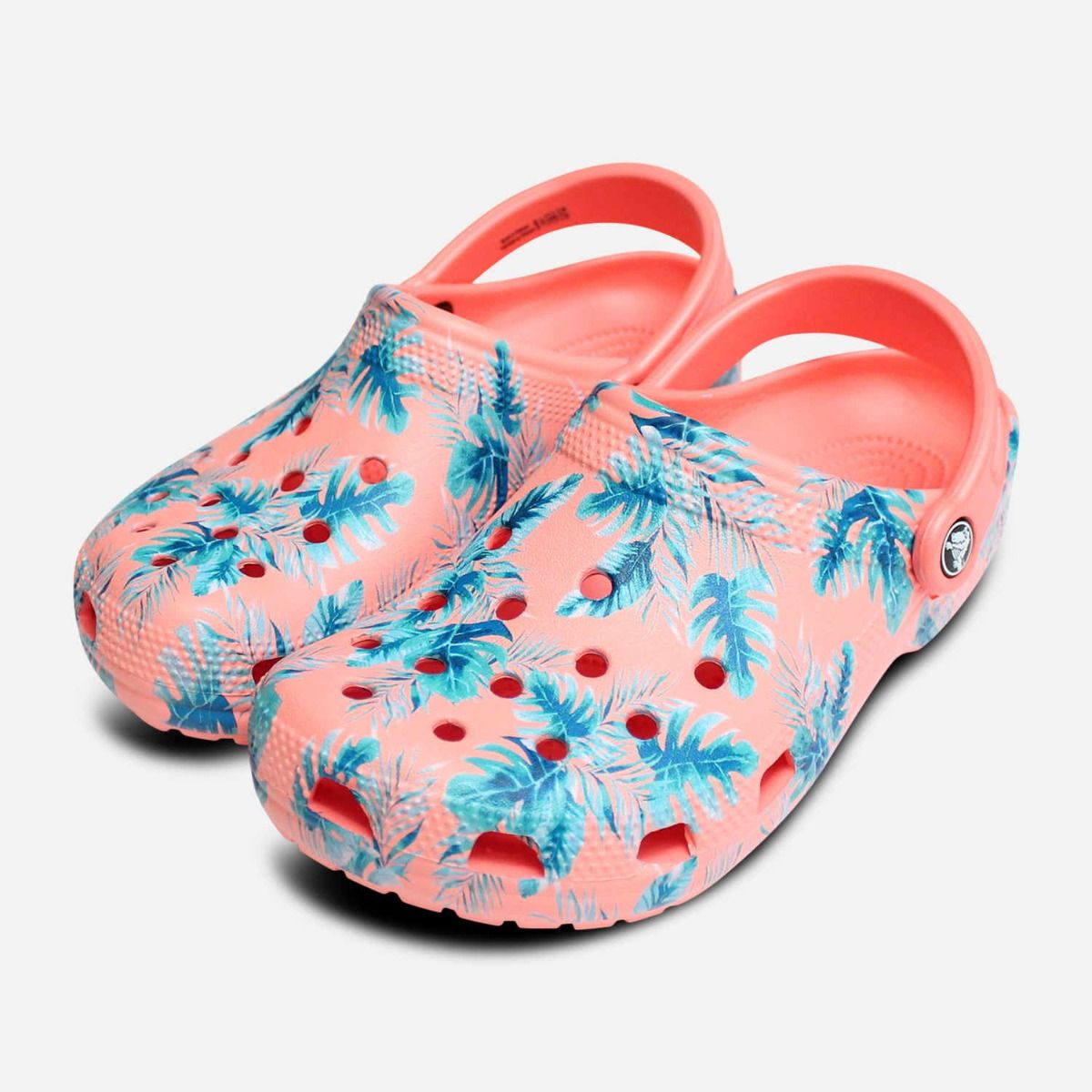 pink crocs with palm trees
