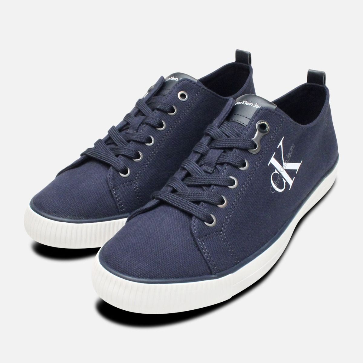 blue canvas trainers