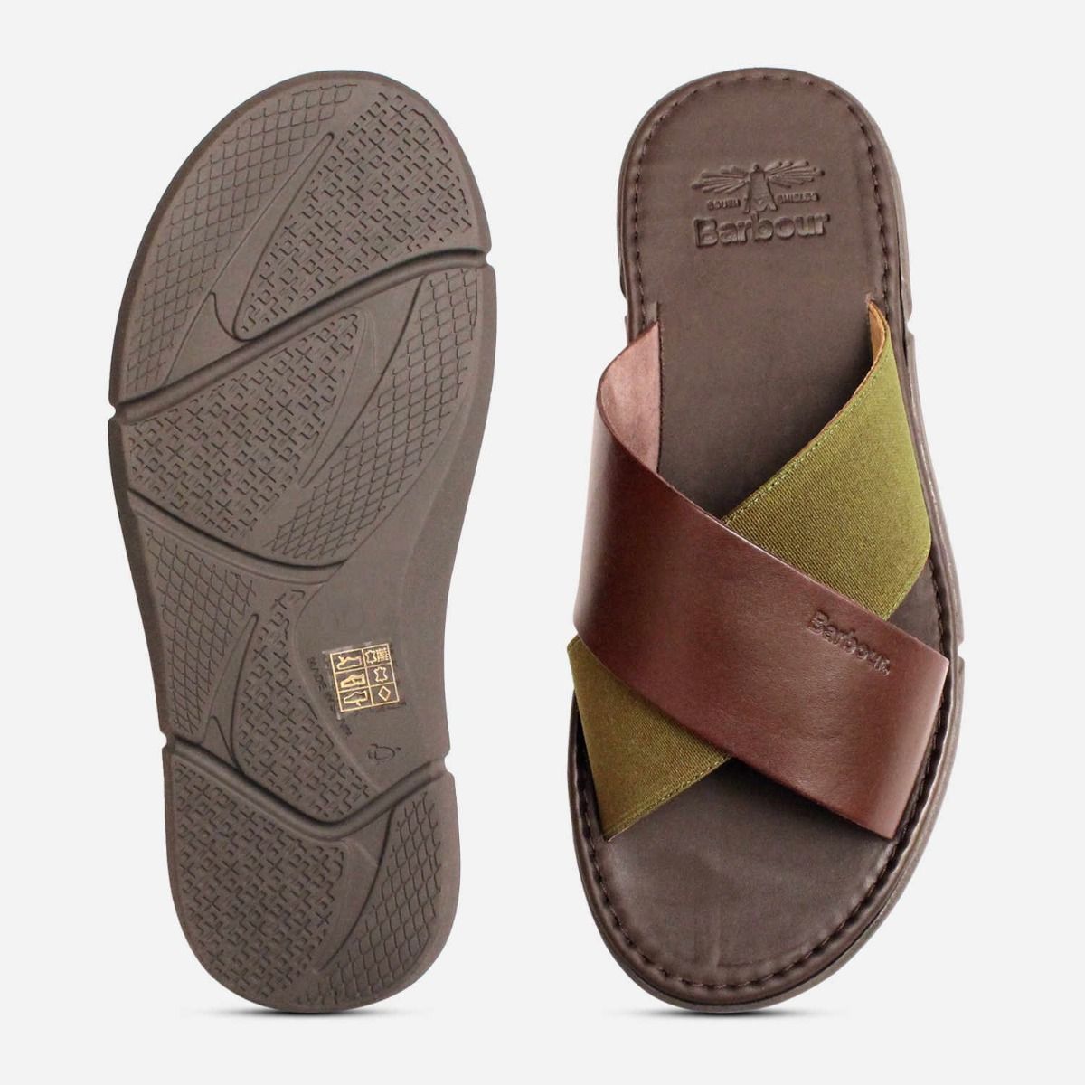 Barbour Designer Crossover Sandals in Olive Green & Brown