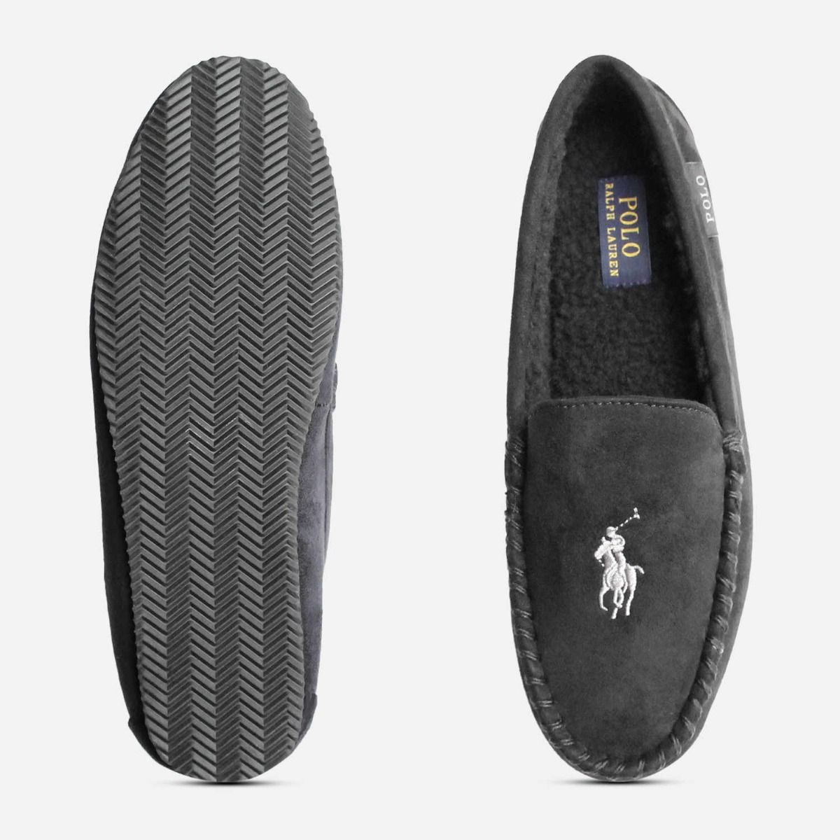 Ralph Lauren Black Men's Slippers with Grey Polo Logo