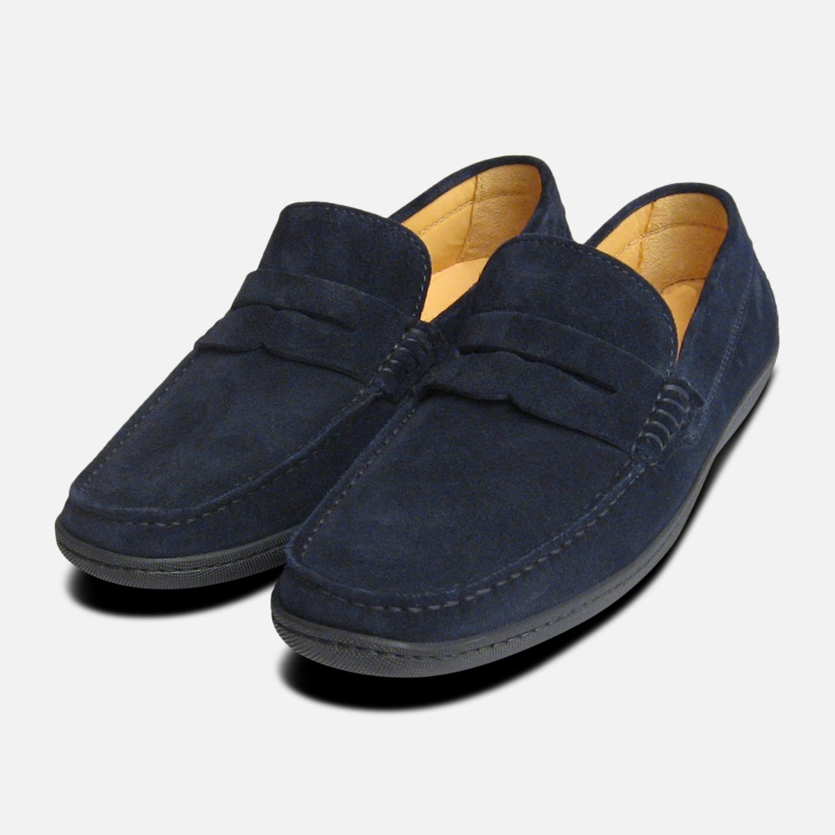 Mens Suede Leather Comfy Slip On Casual Penny Moccasin Driving Loafers Navy Blue