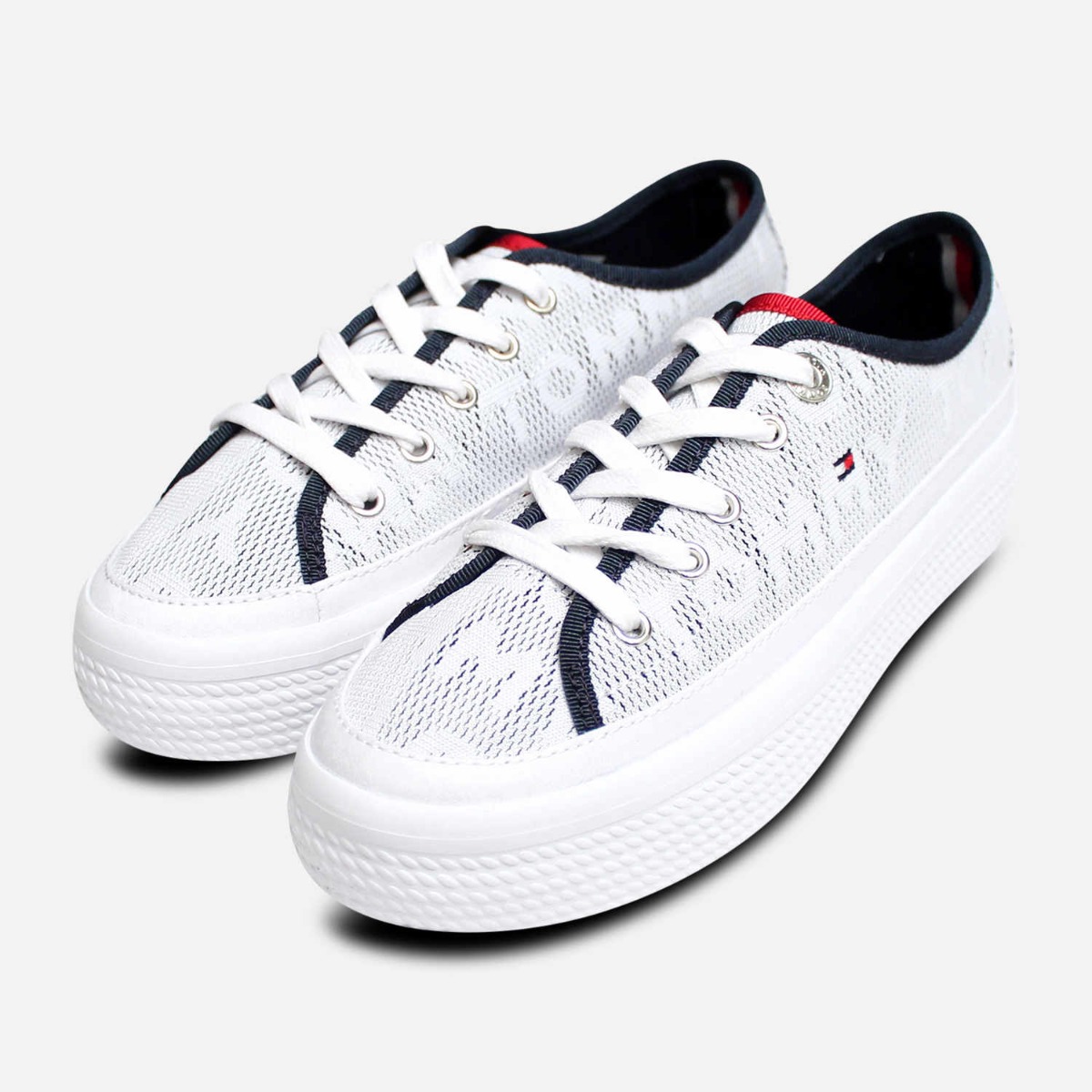 Tommy Hilfiger White Flatform Sneaker with Navy Jacquard | eBay