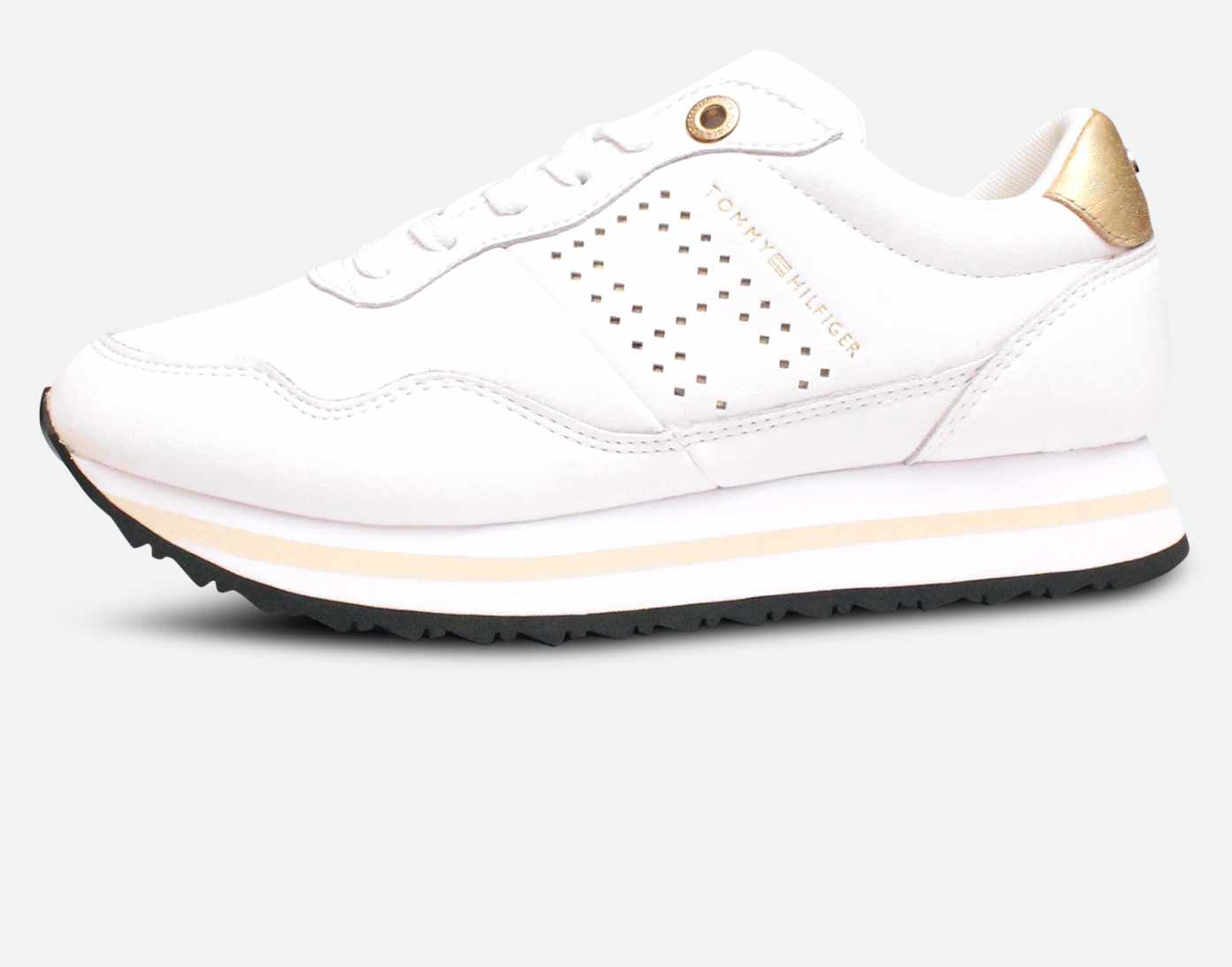 Tommy Hilfiger Womens White & Gold Leather Sneakers
